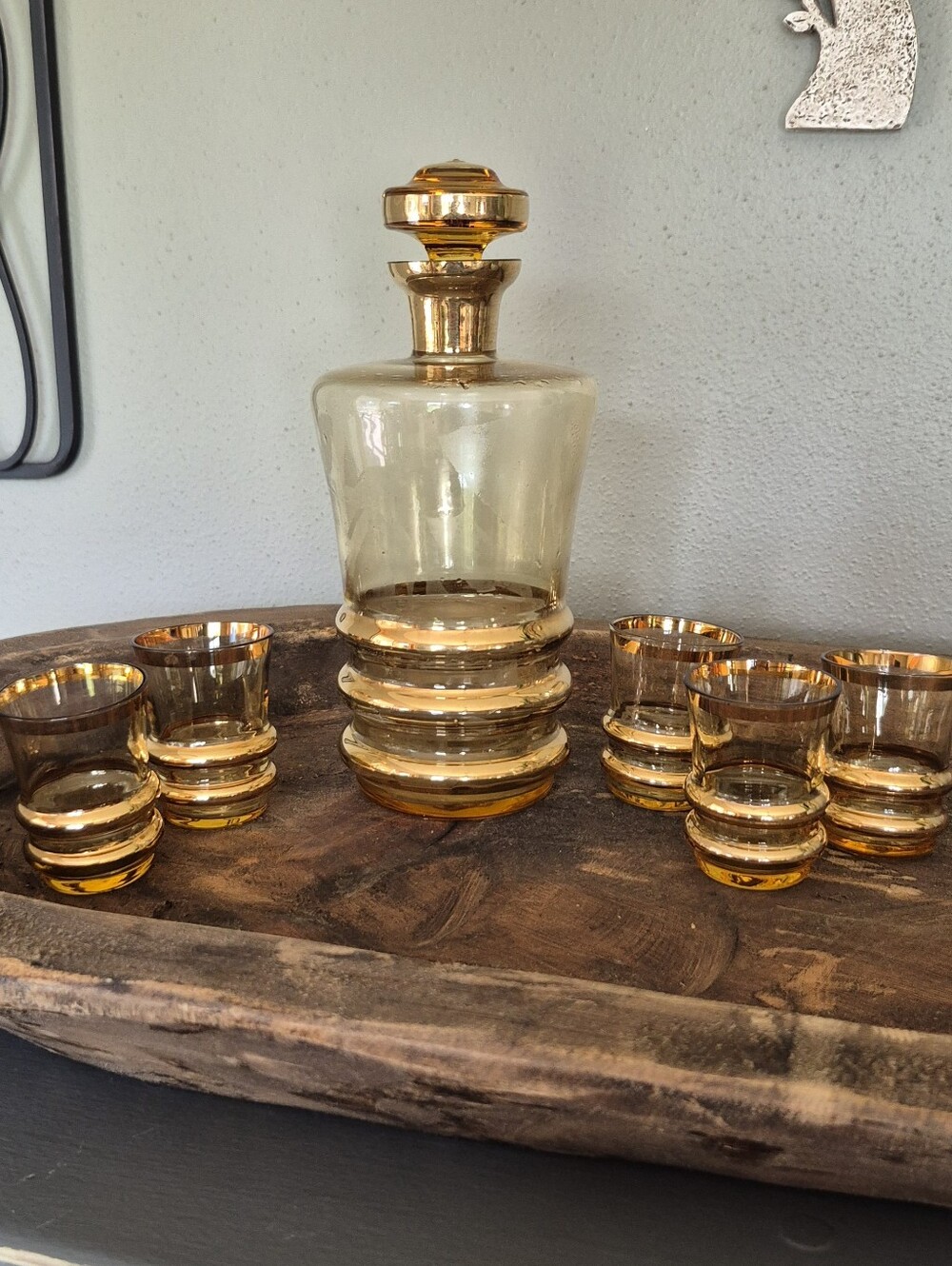 Vintage Decanter Set with MCM Vibes, Amber Glass
